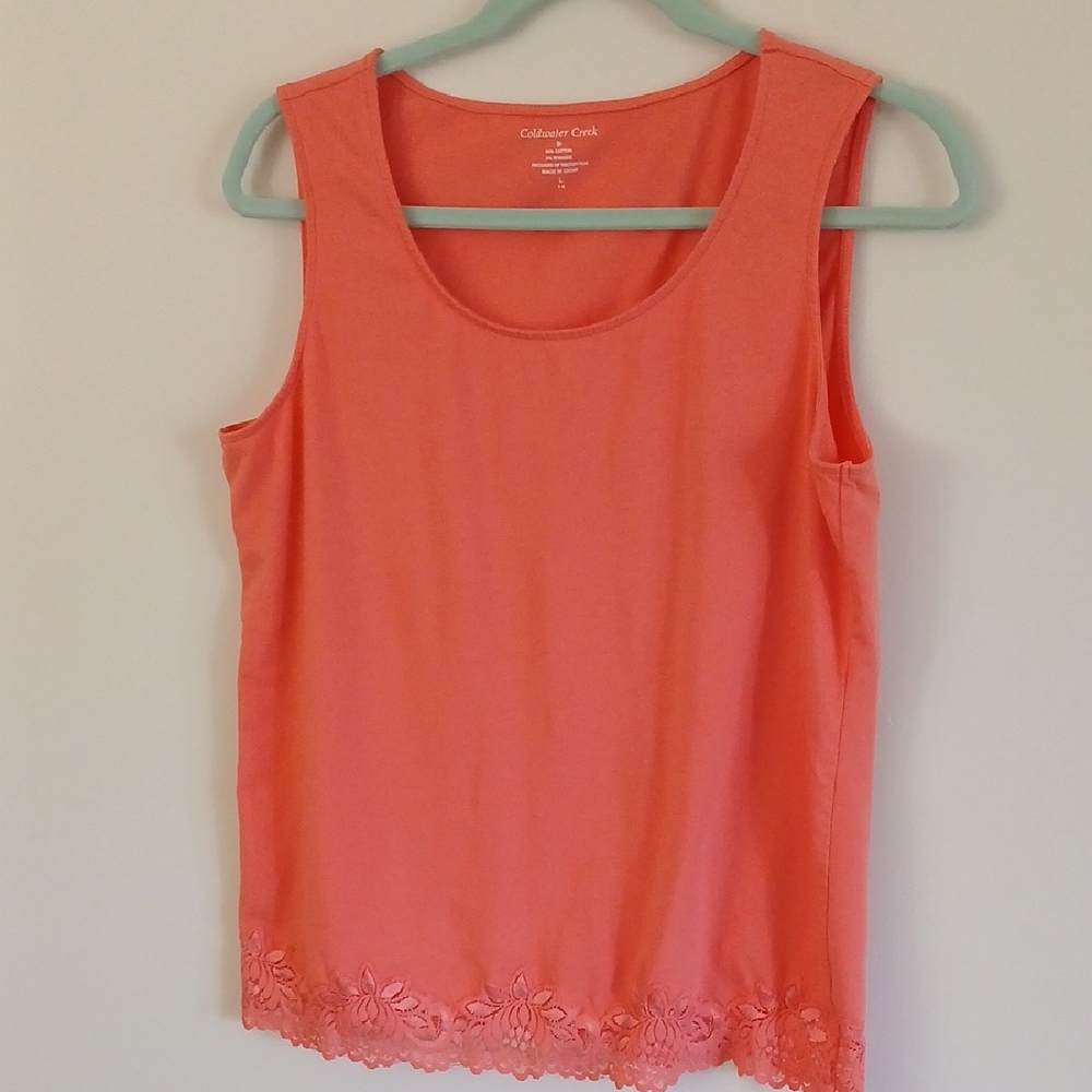 Coldwater Creek Womens Large Coral Tank Top with Floral Lace